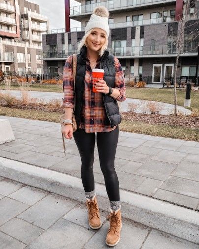 Winter Outfit With Sorel Boots, Flannel With Vest Outfit, Flannel And Vest Outfit, Dress With Winter Boots, Sorel Outfits For Women, Plaid Shirt And Vest Outfit, Leggings Boots Outfit Winter, Leggings And Boots Outfit Fall, Flannel And Vest