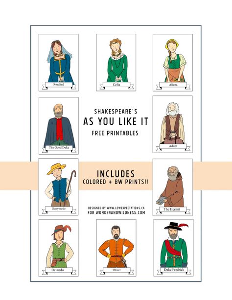 William Shakespeare free printable characters from As You Like It. Color and black and white available Homeschool Mom Humor, It Characters, Shakespeare Characters, Literature Posters, Humor Comics, The Godfather Part Ii, Circus Characters, English Projects, As You Like It