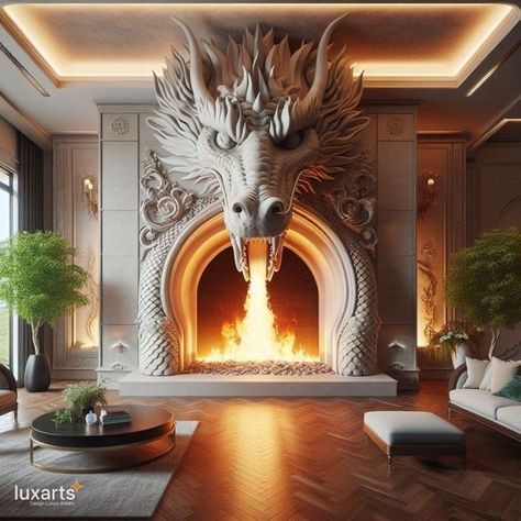 Unusual Fireplaces, Dragon Fireplace, Magical Bedroom Ideas, Halloween Themed Bedroom, Gothic House Decor, Castle House Design, Dragon Ornament, Fantasy Furniture, Dragon House