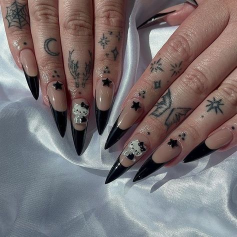 Black Frenchies, Acrylic Nails Cute, Cartoon Kitty, Slime Charms, Nails Cute, Liner Brush, Goth Nails, Edgy Nails, Hello Kitty Nails