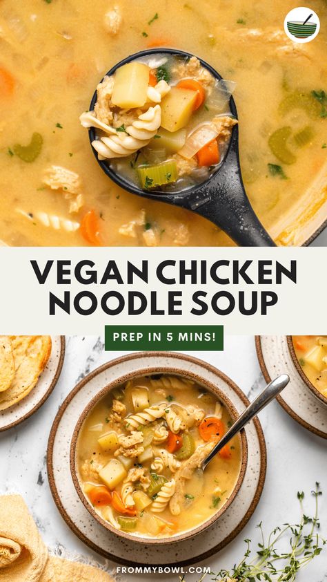 Vegan Chicken Noodle Soup is the ultimate feel-good comfort food! A vegan version that's hearty, wholesome, easy to make, and oh so reminiscent of the nostalgic classic. Gluten-Free, Oil-Free option. Vegan Chicken Noodle Soup, Chicken Noodle Soup Easy, Vegan Chicken, Red Lentil Soup, Vegan Soup Recipes, Savory Soups, Best Comfort Food, Drying Pasta, Vegan Soup