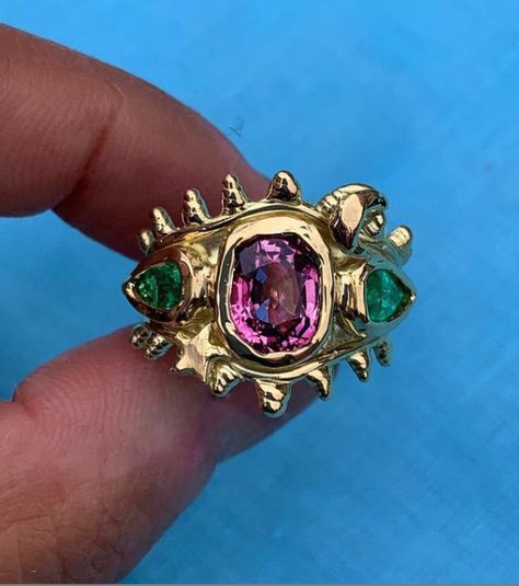 Colorful Gold Rings, Emerald Sapphire Ring, Millie Savage Ring, Eccentric Rings, Millie Savage, Funky Ring, Custom Gold Rings, Dope Jewelry Accessories, Funky Rings