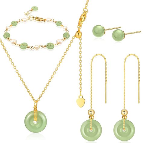 Features:
The sage green earrings can well fit most of your outfits, such as fancy dress, skirt, jacket, sweater, coat and more, not being abrupt.
The lucky bracelets for girls and necklace are adjustable, convenient for you to adjust the tightness according to your needs, thus suitable for most women and girls.

Specifications:
Material: pearl, jade and alloy
Main color: gold and white
Diameter of pendants for necklaces and earrings: 1.47 inches
https://amzn.to/42QUm83 Green Jewelry Set, Donut Necklace, Necklace Bead, Birthday Gift For Women, Lucky Bracelet, Round Necklace, Jade Earrings, Bead Pendant, Green Jewelry