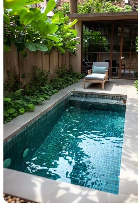 Tropical Plunge Pool, Tiny Backyard Pool, Small Outdoor Pool Ideas, Small Space Pool, Mini Pools For Small Yards, Tiny Pools For Small Yards, Tiny Pool Ideas, Small Backyard With Pool, Small Garden Pool