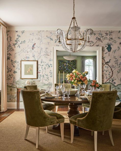 Tori Rubinson Interiors on Instagram: “This room started with the @iksel_decorative_arts wall-covering from @schumacher1889. I loved the soft ground and the deep jewel tones…” Green Chinoiserie Wallpaper, Green Velvet Dining Chairs, Tori Rubinson, Green Chinoiserie, Neutral Dining Room, Dining Room French, Classic Dining Room, Dining Room Hutch, Park Hill