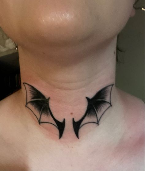 bat wings neck tattoo @pandor.uhh on instagram #bat #wings #tattoo #battattoo #wingstattoo #necktattoo #americantraditionaltattoos #inkspo #tattooideas #aesthetic #tiktok #goth Wings Throat Tattoo, Wings On Neck Tattoo, Bats Neck Tattoo, Bat Wing Neck Tattoo, Bat Neck Tattoos Women, Bat Wings Tattoo Design, Back Bat Wings Tattoo, Neck Wings Tattoo, Bat Wings Neck Tattoo