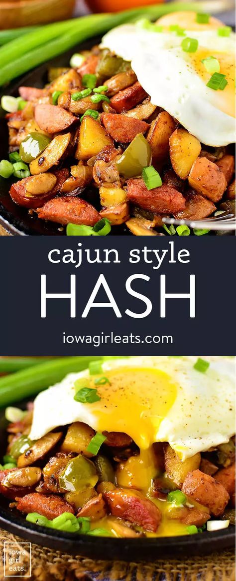 Cajun Style Hash - Iowa Girl Eats Cajun Style Recipes, Creole Brunch Ideas, Louisiana Dinner Recipes, Cajun Breakfast Recipes, New Orleans Breakfast Recipes, Louisiana Breakfast Recipes, Southern Brunch Menu Ideas, Country Breakfast Ideas, Louisiana Breakfast