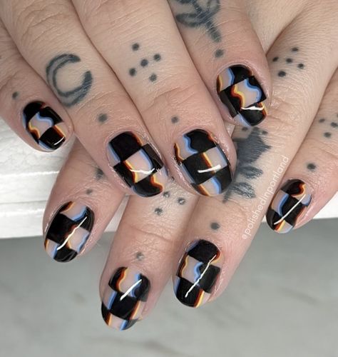 Techno Nails Art, Black Nails Colorful Design, Rave Nails Designs Black, Trippy Checkered Nails, Black Retro Nails, Black Nails With Nail Art, Black And White Mushroom Nails, Roller Skate Nails, Trippy Nail Art Short