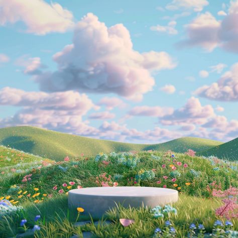 3D illustration of green hills and clouds, grass on the ground with colorful wildflowers, blue sky, empty stone podium in front, Pixar animation style, minimalist design, simple background, cute girly style, studio lighting, high detail, hyper realistic Grass Ground Background, Cute Animation Background, Grass Background Aesthetic, Art Background Landscape, 3d Background Graphics, Pixar Background, Sky And Grass Background, Sky Background Aesthetic, 3d Background Design