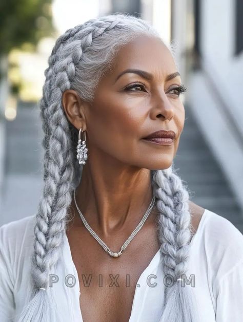 36 Braids for Women Over 50: Hairstyles for Older Women Including Knotless Styles and Trendy Looks Gray Hairstyles For Black Women, Braids For Older Black Women Over 50, Grey Braids, Grey Hair Braids, Silver Haired Beauties, Gorgeous Gray Hair, Grey Hair Inspiration, Hair Mistakes, Hair To One Side