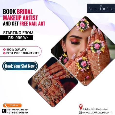 Get the best Bridal Look from Book Ur Pro. #bridalmakeup #glamlook #makeup #glowup #makeupgoals #glamourmakeup #elegantmakeup #luxurymakeup #partymakeup #makeupideas Makeup Artist Post Ideas, Offer Poster, Perfect Wedding Makeup, Makeup Poster, Event Organizer, Id Card Template, Draping Fashion, Saree Draping, Wedding Makeup Artist