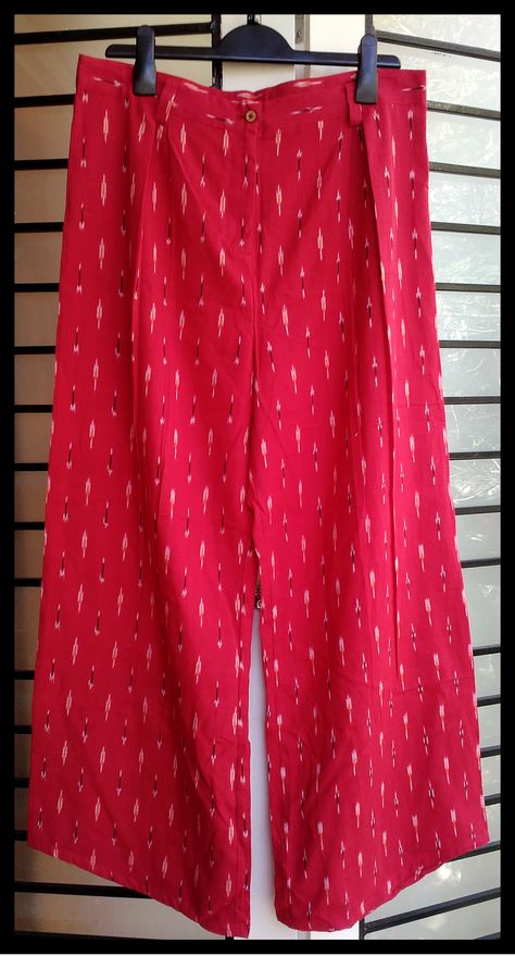 ikats by tadka Crimson pink ikat straight fit cotton pant Printed Bottom With Plain Kurti, Straight Cut Kurti Designs, Ikat Pants, Ikkat Pattern, Plazzo Designs, Plain Kurti Designs, Salwar Suit Neck Designs, Plain Kurti, Suit Neck Designs