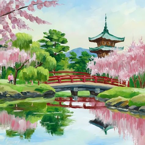 Painting "Japanese Spring Garden" - Creativity Without Borders Japanese Spring, Painting Japanese, In Harmony With Nature, Wolf Face, Inner Balance, Harmony With Nature, Without Borders, Dream City, Natural Elements