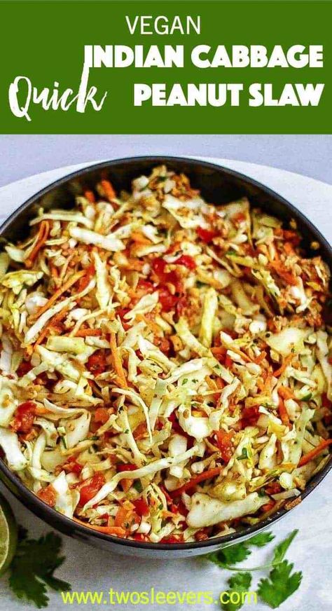 Indian style raw cabbage peanut slaw makes a great accompaniment to any meal. One of my favorite summer salads!| twosleevers Raw Cabbage Recipe, Burmese Cuisine, Indian Cabbage, Peanut Slaw, Cabbage Slaw Recipes, Slaw Salad, Keto Vegetables, Raw Cabbage, Indian Salads