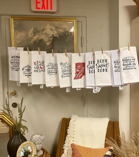 Happy Saturday friends.🌞 I went by @chosengoods77 today and just love how they have displayed my flour sack tea towels in the shop! It made me so happy to see them hanging all in a row and I just had to share!💜 If you’re local and haven’t checked it out, it’s a perfect day to go in and get out of the heat. It’s a beautifully curated shop in Sellersburg that’s filled with vintage and artisan treasures. I know you will love it and find something that adds a unique touch to your home or a gif... Tea Towel Display, Towel Display, Happy Saturday Friends, Bless The Food, Flour Sack Tea Towels, Flour Sack Towels, Flour Sack, A Perfect Day, Happy Saturday