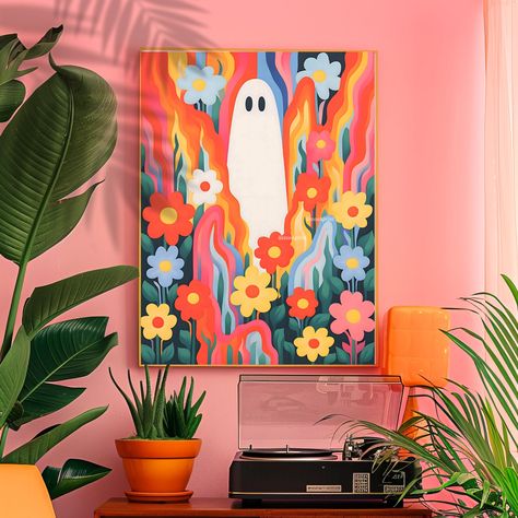 "Groovy Ghost" This 60s and 70s inspired retro ghost art is sure to add a vibrant, maximalist, and retro touch to any living room, kitchen, bedroom, or bathroom. A perfect vintage halloween decoration, or fun for spooky souls that embrace a halloween spirit all year round! This print is made with 100% FSC certified sustainably harvested paper. It also ships carbon neutral. You can live with ease knowing that your purchase is eco-friendly :) The print is unframed, granting you the freedom to choo Thrifted Halloween Art, Vintage Outdoor Halloween Decorations, Halloween Cute Decor, Funky Halloween Decor, Fall Art Inspiration, Retro Paintings Vintage, Hippie Halloween Decor, Artsy Apartment Decor, 70s Groovy Art