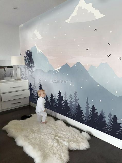 Snow Wallpaper, Mountain Wall Mural, Mountain Mural, Murals For Kids, Nursery Room Design, Baby Boy Room Nursery, Nursery Room Inspiration, Baby Room Design, Nursery Baby Room