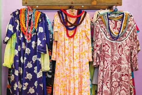 Salvation Army Thrift Store, Hawaiian Muumuu, Hawaii Magazine, The Salvation Army, Aloha Print, Mumu Dress, Pink And Purple Flowers, Salvation Army, Hawaiian Dress