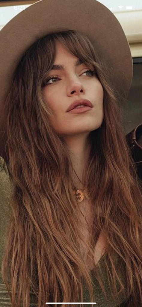 1970s Long Hairstyles, 70s French Bangs, Long Hair 70s Style, 70s Brown Hair, 70s Boho Hair, 70s Rocker Hair, 70s Fringe Hair Long, Long 70’s Hair, 70s Bangs Fringes