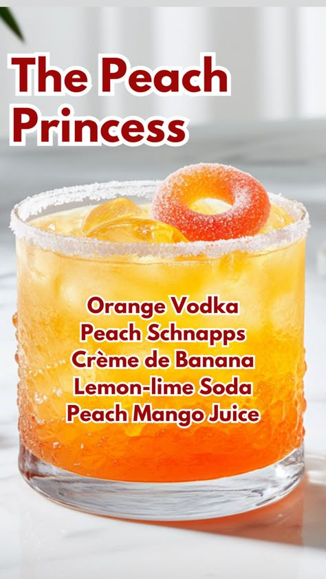 The Peach Princess Cocktail Princess Drinks, Summer Vodka Cocktails, Peach Vodka, Peach Cocktail, Iced Drinks Recipes, Orange Vodka, Pretty Alcoholic Drinks, Cocktail Drinks Alcoholic, Yummy Alcoholic Drinks