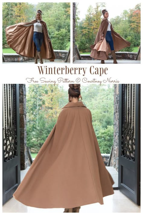 DIY Long Fabric Winterberry Cape Free Sewing Pattern Diy Cape Pattern, Free Cloak Sewing Pattern, Costume Sewing Patterns Free, Cosplay Cape Pattern, Plus Size Larp Costume, Quilted Cape, 2022 Sewing Patterns, Fantasy Clothing Patterns, Fabric Styling