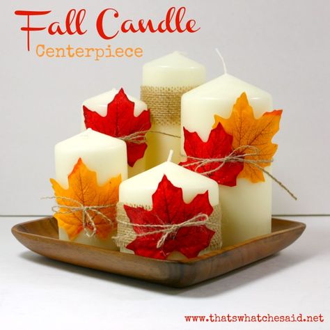 Fall Fall Candle Centerpieces, Dollar Store Fall Decor, Fall Candles Diy, Autumn Leaves Craft, Easy Thanksgiving Crafts, Cute Diy Projects, Thanksgiving Decorations Diy, Diy Thanksgiving, Fall Deco