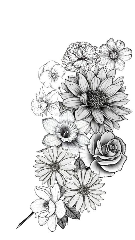 Sunflower And Lily Tattoo Half Sleeves, Floral Tattoo Design Upper Arm, Womens Filler Tattoos, Astor Flower Tattoo, Gladiolus And Chrysanthemum Tattoo, Wildflower Tattoo Sleeve Forearm, Forearm Floral Tattoos For Women, Sleeve Flower Tattoos For Women, Rose Floral Tattoo Design