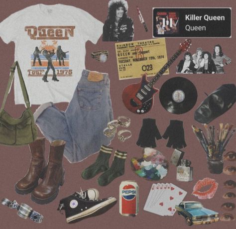 Queen Aesthetic Outfit Band, Queen Band Concert Outfit Ideas, Queen Band Outfits 70s, Queen Band Concert Outfits, Queen Aesthetic Band Outfit, Queen Band Outfits Inspiration, What To Wear To A Queen Concert, Janis Ian Inspired Outfit, Indie Concert Fits