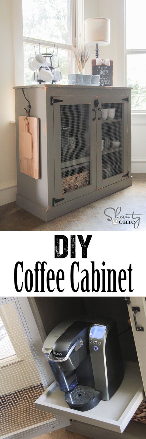 DIY Coffee Cabinet!! Free plans and full tutorial! www.shanty-2-chic.com Build Coffee Bar Diy Projects, Diy Coffee Cabinet, Diy Island, Coffee Cabinet, Diy Cabinet, Tea Cabinet, Coffee Stations, Coffee Stand, Cabinet Bar