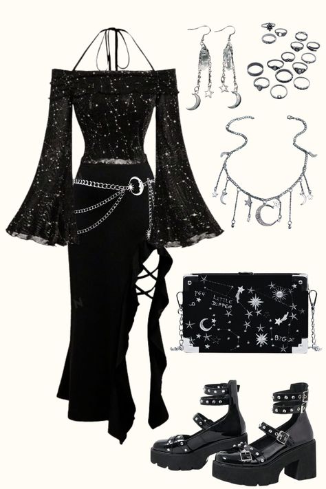 Goth Outfit, Black Aesthetic, Goth Cottagecore Outfit, Witch Outfit, Goth Fashion, Stars Aesthetic, Universe Aesthetic, Moon Aesthetic, Constellation Aesthetic.✨ Goth Cottagecore Aesthetic Outfits, Constellation Aesthetic, Aesthetic Universe, Universe Aesthetic, Stars Aesthetic, Goth Cottagecore, Cottagecore Outfit, Aesthetic Moon, Goth Outfit