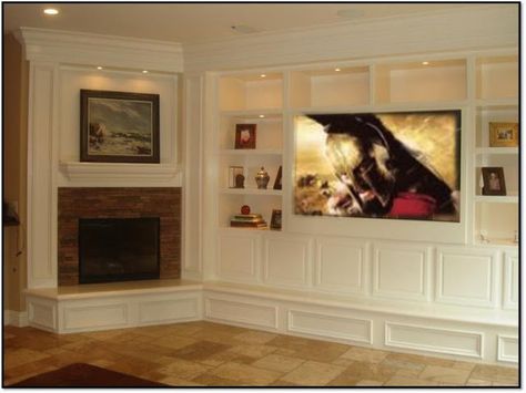 Diy Built In Entertainment Center, Entertainment Center With Fireplace, Large Entertainment Center, Wall Entertainment Center, Basement Fireplace, Built In Entertainment Center, Garage Addition, Fireplace Entertainment Center, Side Shelves