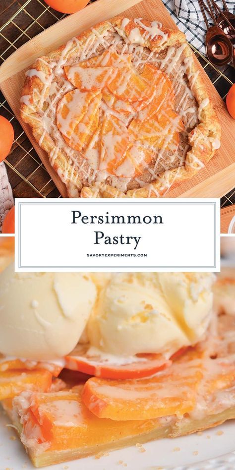 This Persimmon Pastry recipe is an EASY dessert or breakfast using bright orange persimmon, brown sugar, and buttery puff pastry! Fuyu Persimmon Recipes, Persimmon Pie Recipe, Persimmon Dessert, Persimmon Cake Recipe, Easy Puff Pastry Desserts, Persimmon Bread, Persimmon Pudding, Persimmon Recipes, Homemade Chocolate Truffles