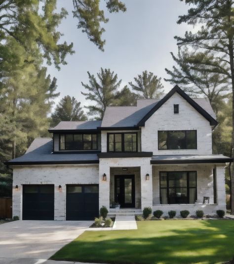 Charming single-family home blending modern and colonial aesthetics. Perfect for a balanced lifestyle focused on wellness and comfort. White Transitional Home Exterior, White And Black House Exterior, White House Black Trim, Transitional Home Exterior, American Houses, Exterior Ideas, Black House Exterior, Inspiring Spaces, Wellness Routine