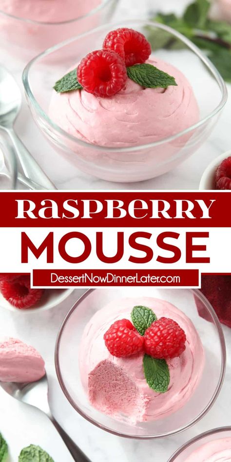 Raspberry Mousse is easy to make with fresh or frozen raspberries, sugar, heavy cream, and unflavored gelatin. It's light and airy, smooth and creamy, with real fruit flavor. An elegant dessert for Valentine's Day, date night, or any special occasion. Raspberry Mousse Desserts, Frozen Fruit Parfait, Date Mousse, Light Fruit Desserts, Frozen Raspberry Desserts, Frozen Raspberry Recipes, Raspberry Desserts Healthy, Easy Raspberry Mousse, Raspberry Mouse