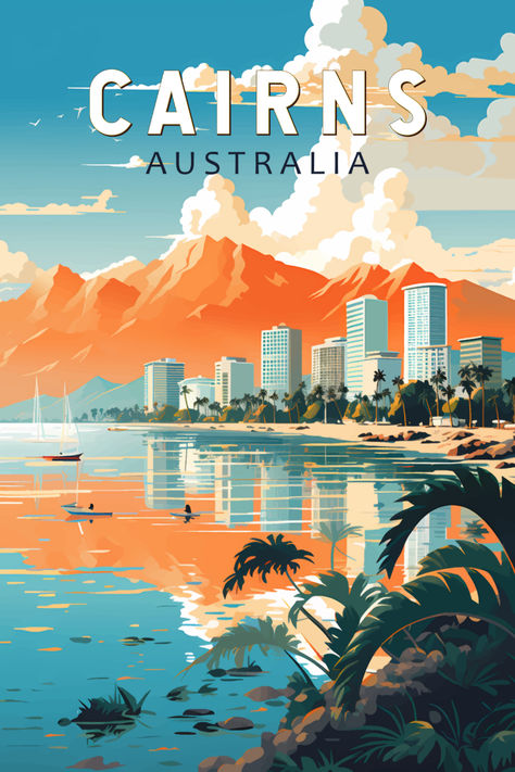 Vintage-style poster capturing the tropical beauty of Cairns, Australia, perfect for infusing your space with coastal nostalgia. Australia Poster Design, Vintage Travel Posters Australia, Australia Illustration, Retro Postcards, Australia Drawing, Australia Aesthetic, Australia Poster, Posters Australia, Vintage Postcards Travel