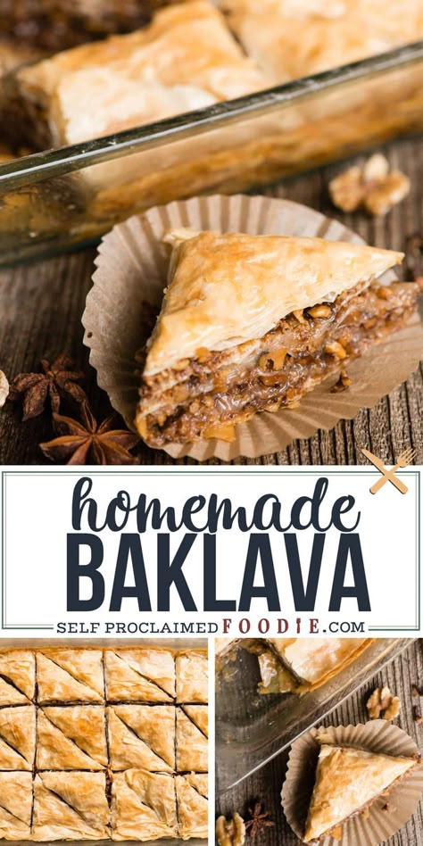 Homemade Baklava Recipe, Honey Baklava, Homemade Baklava, Baklava Recipe Easy, Greek Baklava, Filo Dough, Greek Recipes Authentic, Smores Dessert, Baklava Recipe