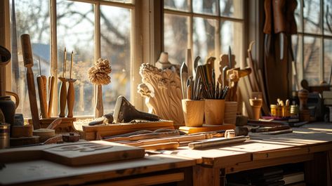 Artisan's Workshop Glow: Warm sunlight bathes an artisan's workbench filled with tools and projects in a cozy workshop. #artisan #workshop #sunlight #tools #workbench #aiart #aiphoto #stockcake ⬇️ Download and 📝 Prompt 👉 https://ayr.app/l/nMXx Cozy Workshop, White Bathroom Interior, Artisan Workshop, Crystal Children, Carpentry Workshop, Tool Workbench, Woodworking Carpentry, Wooden Bird, Wooden Sculpture