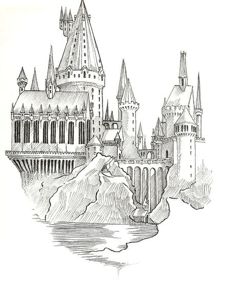 Harry Potter Drawing Hogwarts, Hogwart Sketch, Drawing Of Hogwarts Castle, Harry Potter Castle Sketch, Harry Potter Book Painting, Hogwarts Pencil Drawing, Harry Potter Tattoos Hogwarts Castle, Harry Potter Pencil Art, Hogwarts Line Drawing