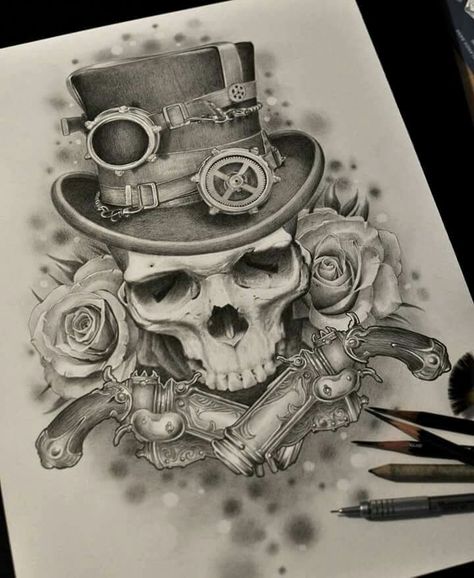 Art by Goran Furjan Steampunk Tattoo Design, Tattoo Crane, Steampunk Drawing, Steampunk Tattoo, Skull Sketch, Roses Tattoo, Geniale Tattoos, Skull Tattoo Design, Symbol Tattoos