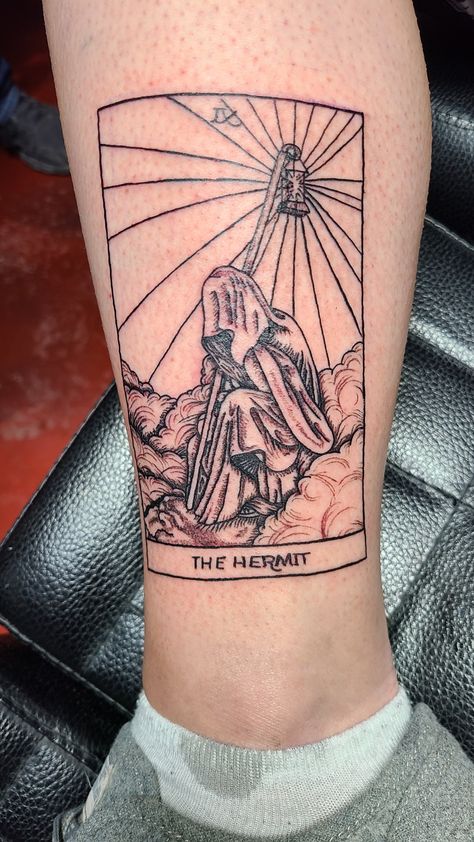 Tarot Card Hermit Tattoo, Hermit Card Tattoo, The Hermit Tarot Card Tattoo, Hermit Tarot Card Tattoo, Hermetic Tattoo, The Hermit Tattoo, The Hermit Tarot Tattoo, Hermit Tattoo, Playing Card Tattoo Ideas