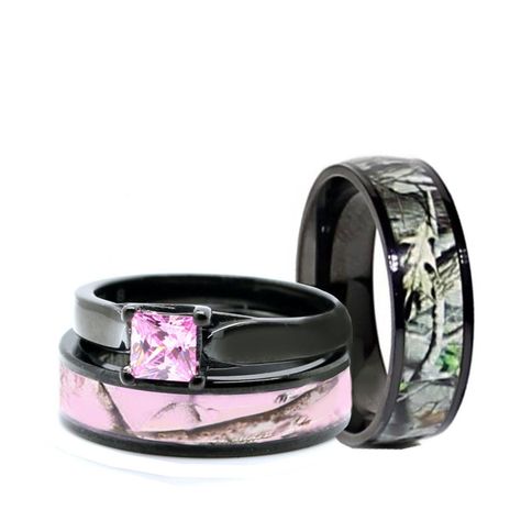 Pink Country Wedding, Camo Wedding Rings Sets, Camo Engagement Rings, Pink Camo Wedding, Hunting Wedding Rings, Ruby Engagement Ring Set, Camo Wedding Rings, Camo Rings, Wedding Rings Sets His And Hers