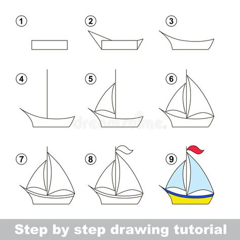 Transport Drawing, Drawing Tutorial Step By Step, Drawing Ideas Step By Step, Step By Step Sketches, Beginner Drawing Lessons, Boat Drawing, Drawing Instructions, Pencil Drawings Of Animals, How To Draw Steps