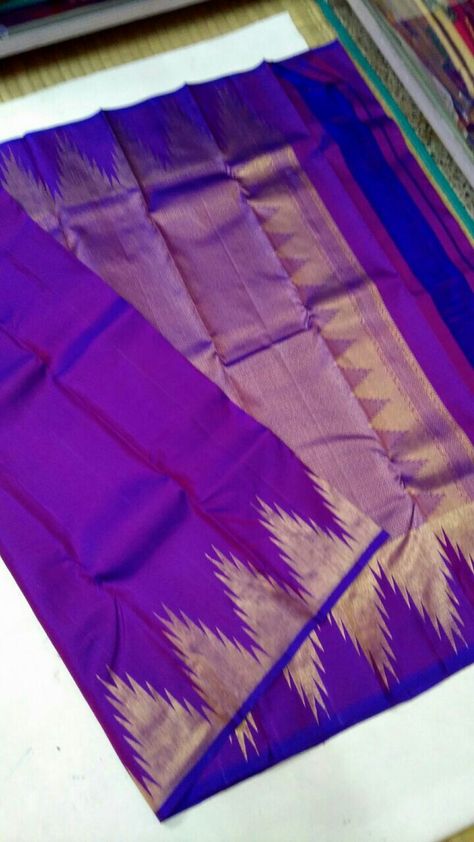 Pure Kanchipuram silk sarees handwoven with classic temple border 9999+shipp Order what's app 7093235052 Purple Color Pattu Saree, Temple Border Blouse Design, Temple Border Silk Saree, Saree Combination, Saree Color Combinations, Bride Saree, Silk Kurti Designs, Kanchi Sarees, Latest Silk Sarees