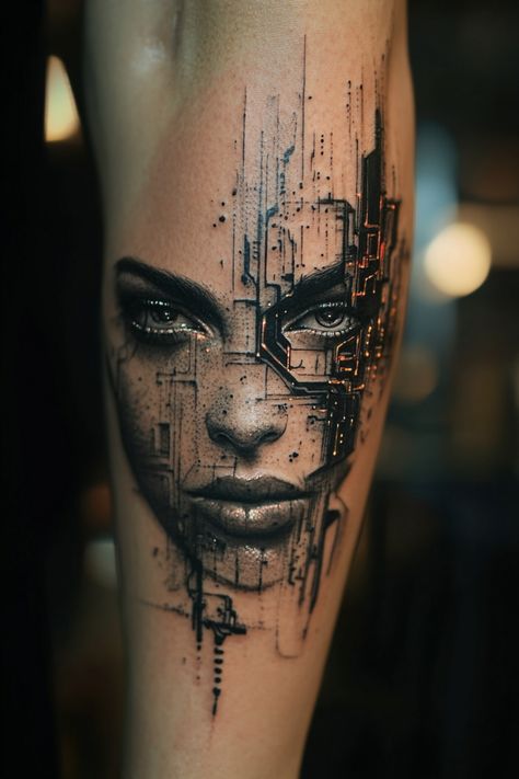 A futuristic tattoo of a woman's face integrated with circuit board elements. Universe Arm Tattoo, Transcendence Tattoo, Cyberpunk Tattoo Design, Cyberpunk Tattoo Design Ideas, Sci Fi Tattoo, Cyberpunk Tattoos, Thomas Tattoo, Neon Tattoos, Skydiving Tattoo