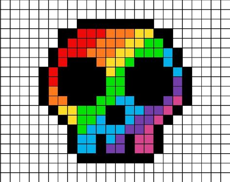 A small pixel art template of a colourful rainbow skull. Gothic Perler Bead Patterns, Skeleton Pixel Art Grid, Grunge Pixel Art, Scene Pixel Art, Skelanimals Pixel Art, Goth Kandi Pattern, Trippy Pixel Art Grid, Pixel Art 32x32 Grid Meme, Easy Pixel Art