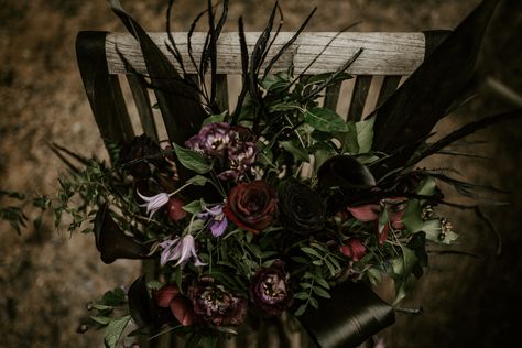 Deep Red, Plum & Purple Wedding Bouquet Flowers | Forest Green and Black Dark Decadence Wedding Inspiration in a Rustic Barn Planned & Styled by Knots & Kisses with Images by Daze of Glory Photography Black And Gold Halloween, Handfasting Ideas, Decadent Wedding, Plum Purple Wedding, Forest Green Bridesmaid Dresses, Laser Cut Signage, Barn Cake, Color Branding, Gold Halloween