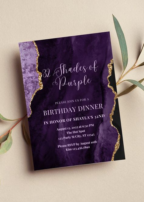 Purple Debut Invitation, Amethyst Theme Party, 30 Shades Of Purple Party, Purple 18th Birthday Party Ideas, Sweet 16 Party Ideas Purple And Gold, 50 Shades Of Purple Birthday Party, Purple 50th Birthday Party, Purple Birthday Ideas, Purple And Gold Theme