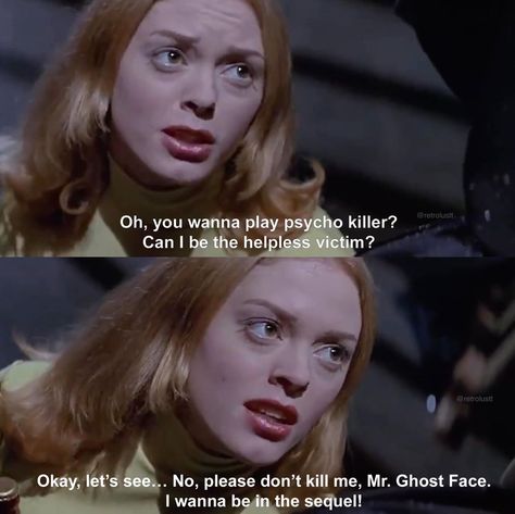 Scream Movie 1996 Quotes, Scream 1 Quotes, Tatum Riley Quote, Scream Sayings, Scream Quotes Aesthetic, Scream 1996 Stu And Billy, Scream Scenes 1996, Ghost Face Quotes, Scream 1996 Quotes