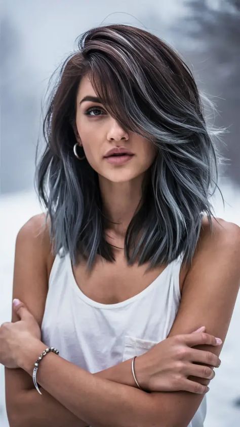 Discover the top 32 dark winter hair colors for 2024-2025! From bold ideas for brunettes, black hair, and balayage to trendy highlights, this guide covers the best winter hair inspiration. Find rich tones like dark cherry, violet charcoal, and frosted chocolate, perfect for short, medium, or long hair. Smokey Hair Balayage, Silver Blue Highlights On Dark Hair, Black Hair Balayage Ideas, Hair Color Ideas For Brunettes Hide Gray, Face Framing Highlights Asian, Black And Gray Balayage, Chunky Silver Highlights On Dark Hair, Gray And Dark Brown Hair, Brunette And Grey Hair