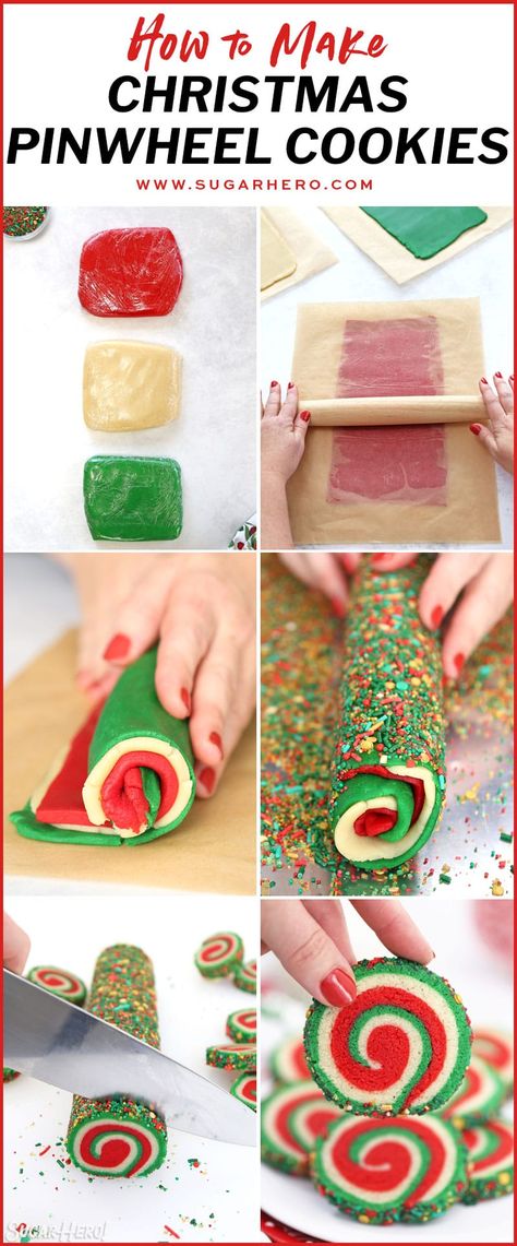 Christmas Pinwheel Sugar Cookies might be the best Christmas cookie recipe ever! They’re made with a simple sugar cookie dough, and the beautiful red, white, and green spiral design is surprisingly easy to make. #sugarhero #pinwheelcookies #christmascookies #holidaycookies Sugar Swirl Cookies, Pinwheel Sugar Cookies Christmas, Red And Green Sugar Cookies Christmas, Red And Green Sugar Cookies, Christmas Pinwheels Cookies, Christmas Swirl Sugar Cookies, Christmas Pin Wheel Cookies, Spiral Christmas Cookies, Pin Wheel Cookies Recipes